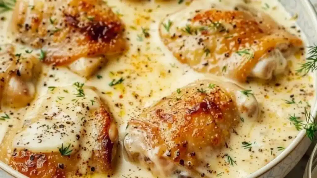 Creamy oven baked chicken thighs garnished with herbs on a rustic plate.