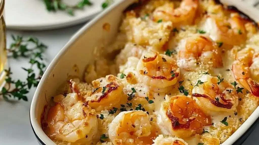 Creamy shrimp casserole baked until golden, topped with breadcrumbs and herbs.