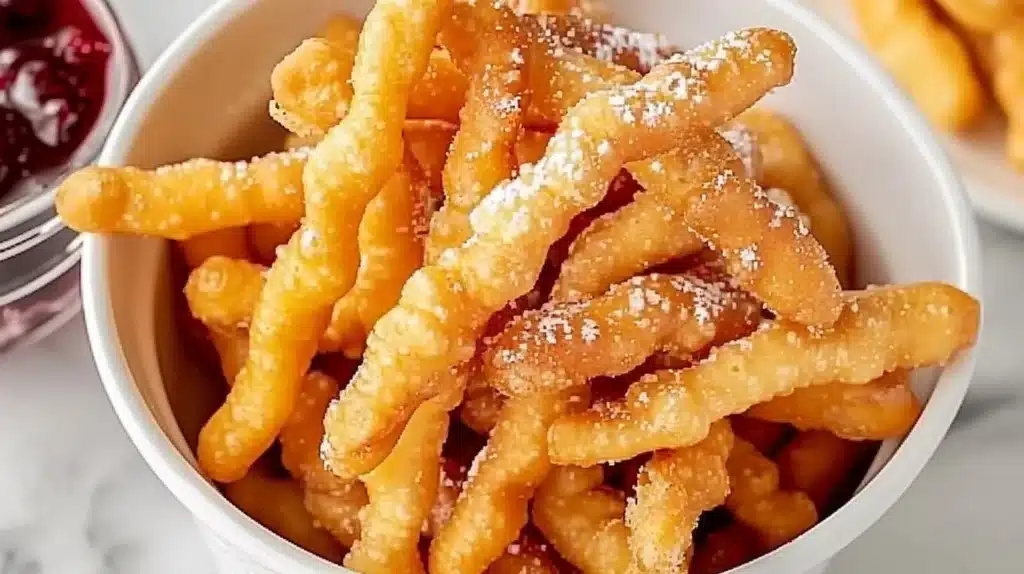 Crispy funnel cake sticks served with powdered sugar and chocolate sauce.