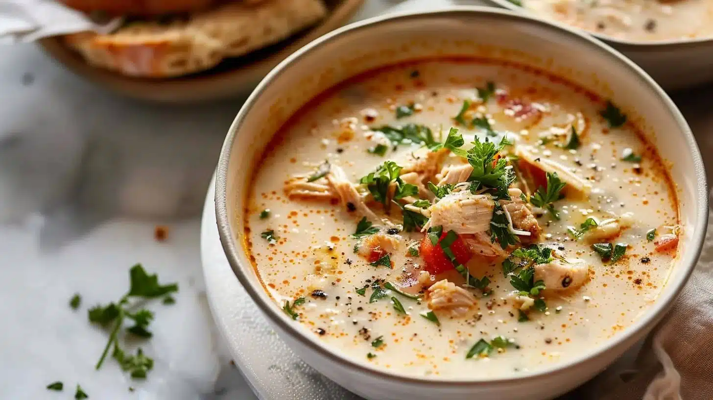 Bowl of Crock Pot Creamy Chicken Parmesan Soup with herbs and cheese