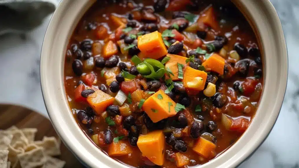 Crock Pot Sweet Potato Black Bean Chili served in a bowl with toppings