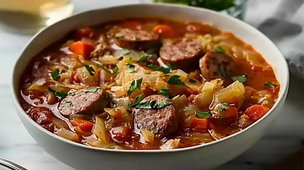 Crockpot cabbage and sausage stew in a bowl with fresh herbs on top.
