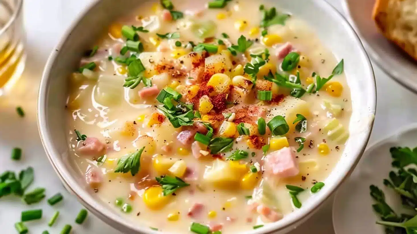 Bowl of Crockpot Cheesy Ham and Corn Chowder topped with herbs.