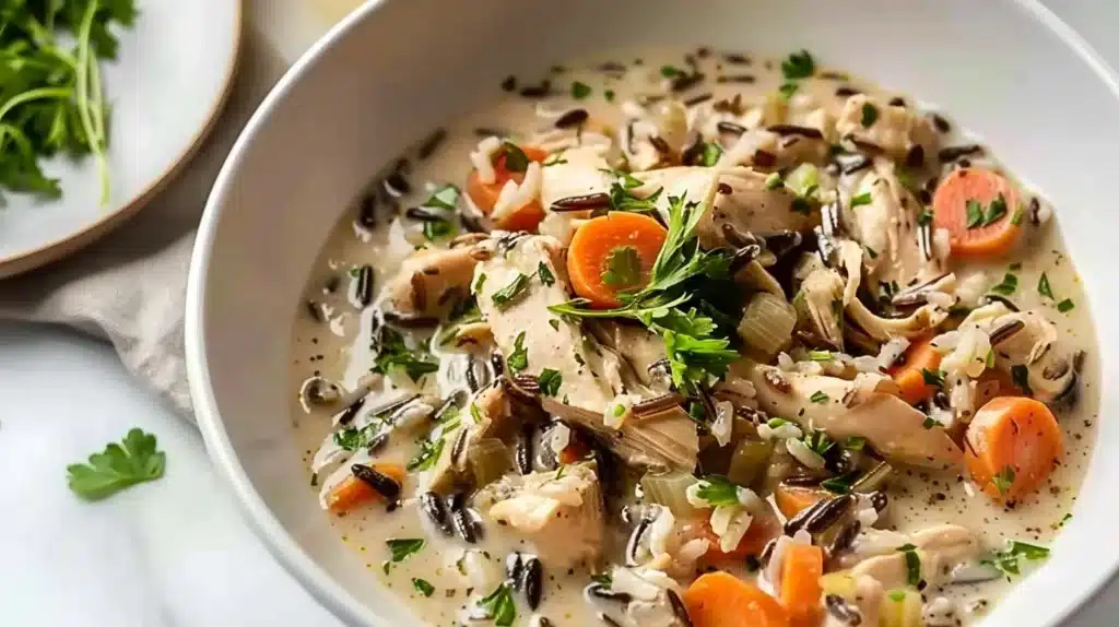 Crockpot creamy chicken with wild rice served in a bowl