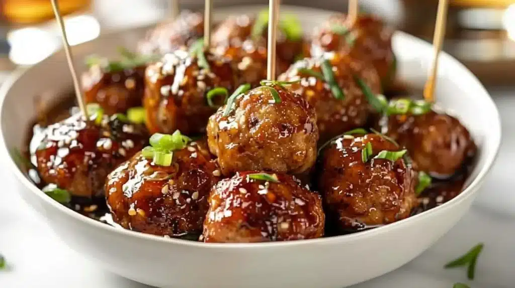 Crockpot honey garlic chicken meatballs ready to serve on a plate