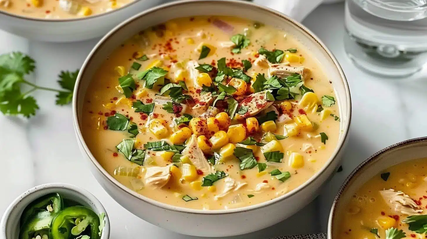 Bowl of Crockpot Southwest Chicken Corn Chowder topped with cilantro and lime.