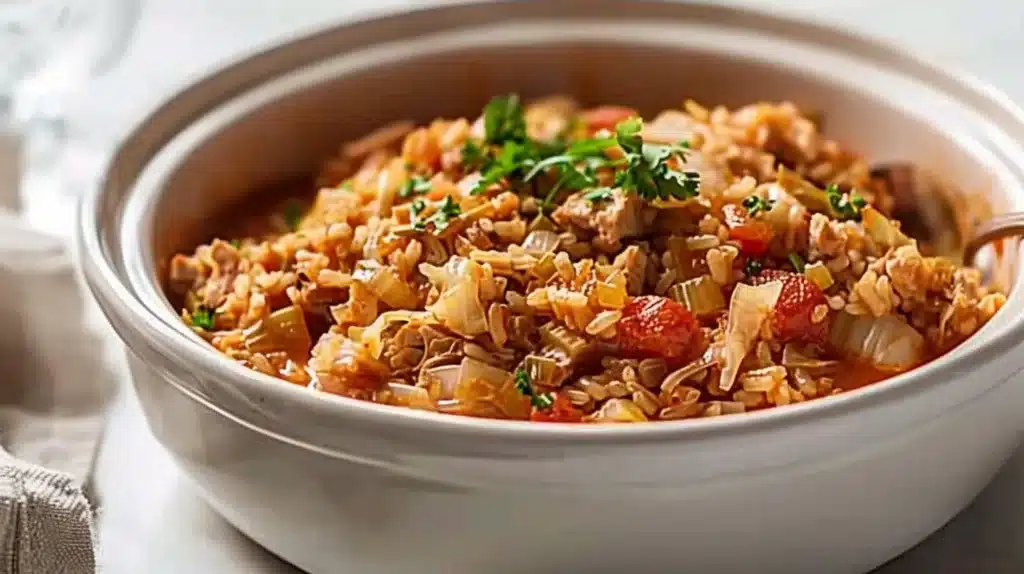 Crockpot Turkey and Brown Rice Cabbage Casserole ready to serve