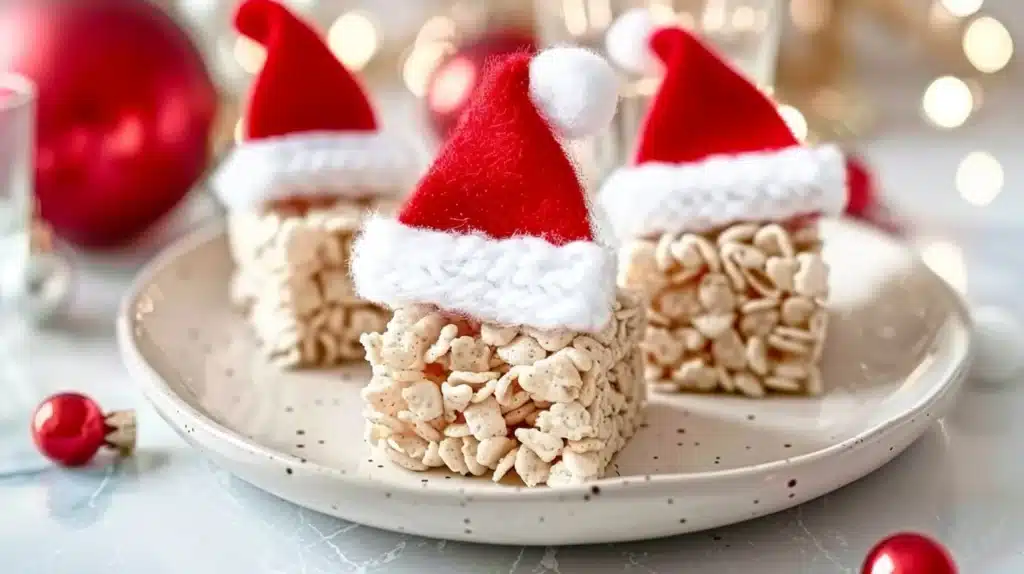 Cute Santa Hat Rice Krispie Treats decorated with red and white icing