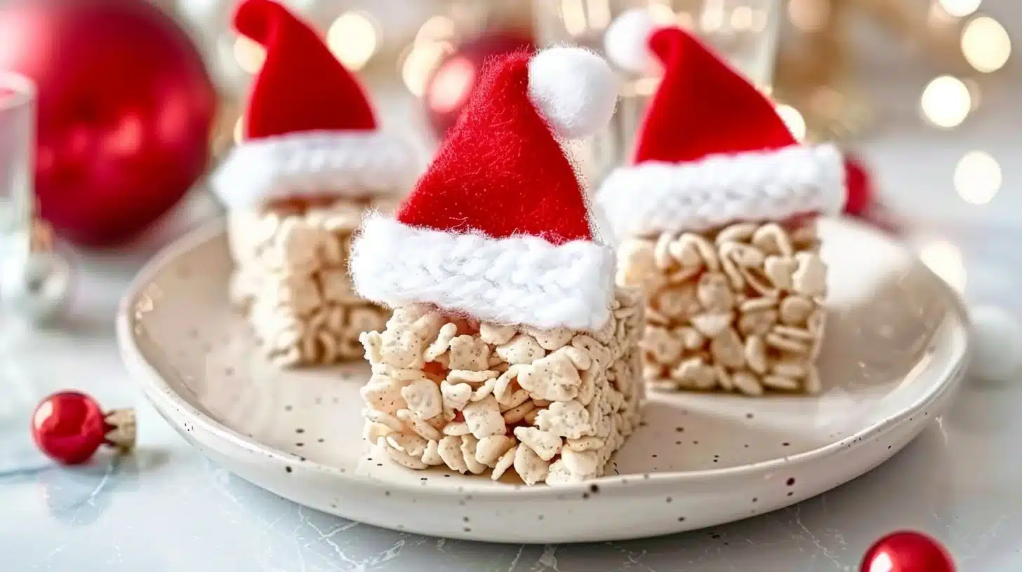Cute Santa Hat Rice Krispie Treats decorated with red and white icing