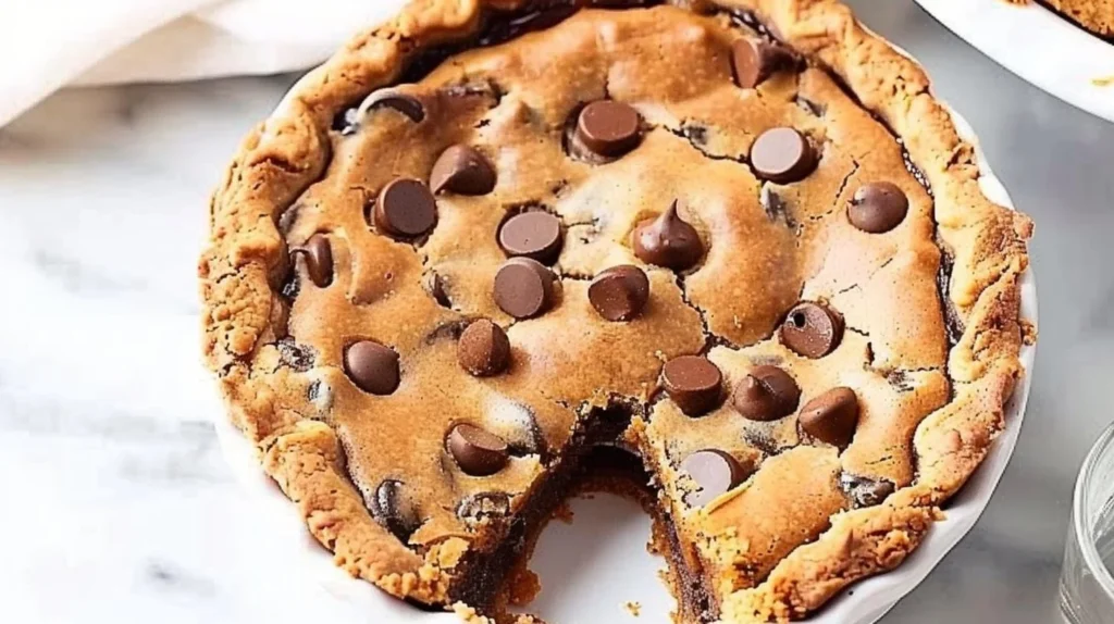 Deliciously baked Deep Dish Cookie Pie topped with chocolate chips and served warm.