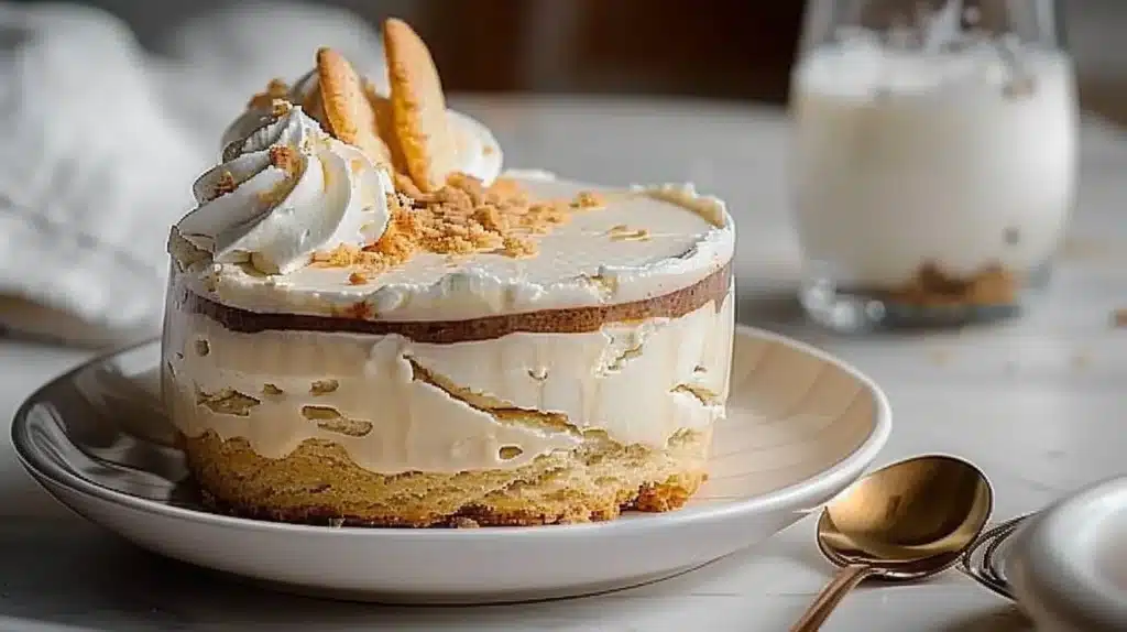 Cream cheese biscuit cake slice decorated with fruit on a plate