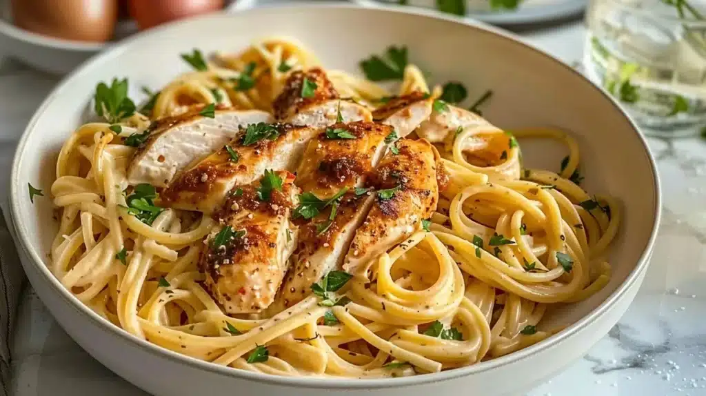 Creamy Cajun Chicken Pasta served with fresh vegetables on a plate