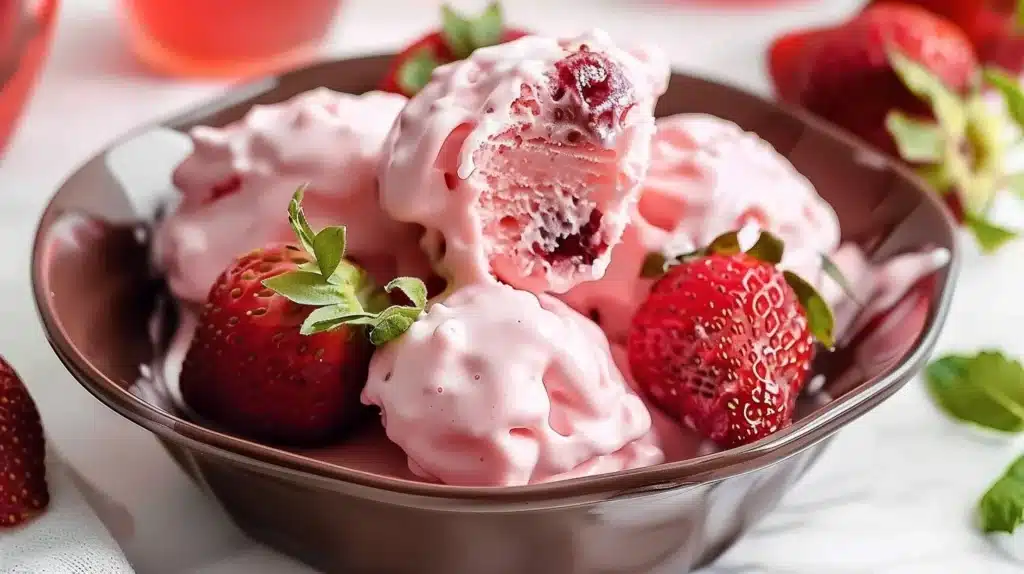 Delicious frozen strawberry yogurt clusters on a plate, ready to enjoy