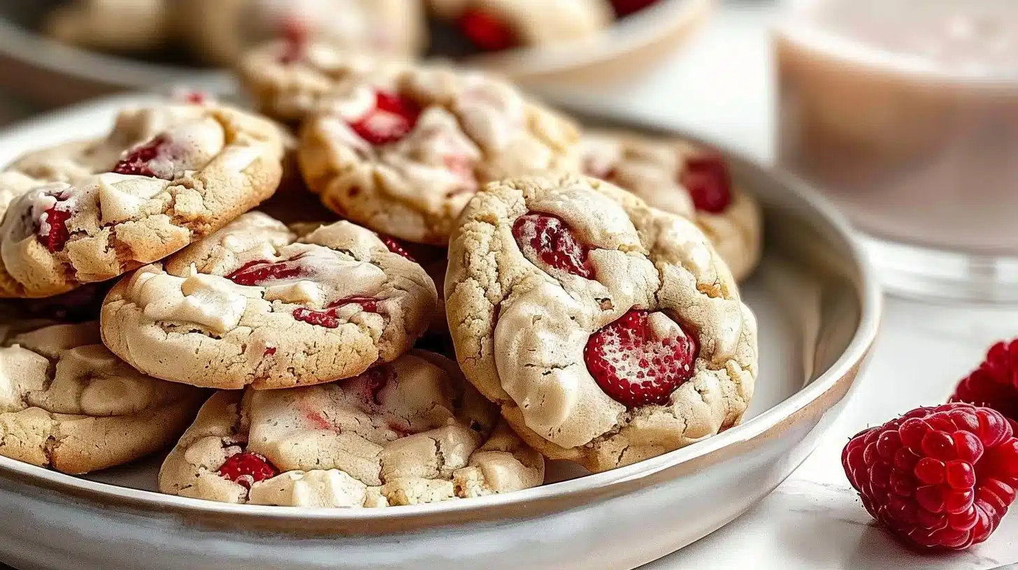 Freshly baked strawberries and cream cookies on a wooden surface