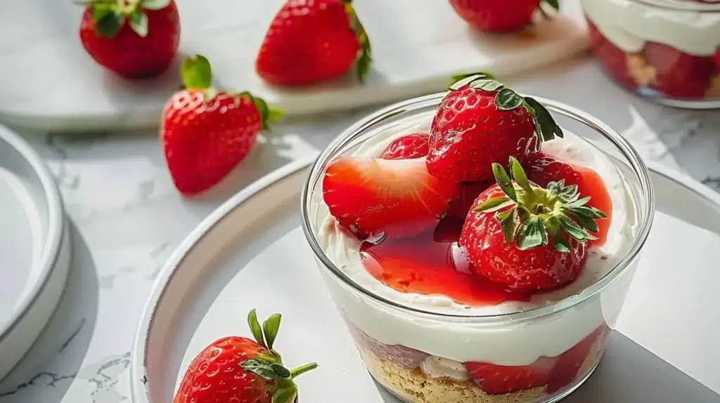 Delicious homemade strawberry cheesecake cups topped with fresh strawberries