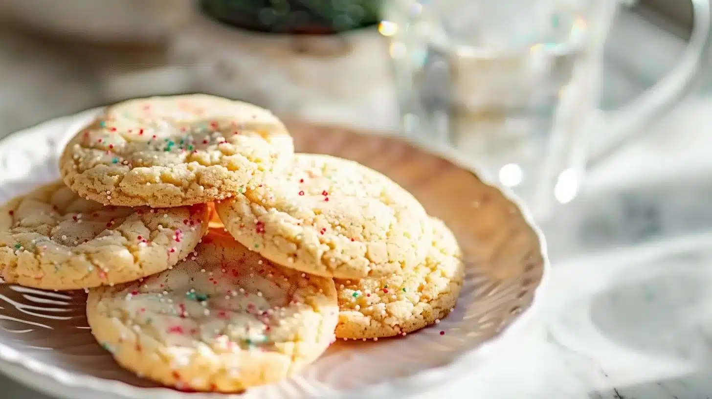 Baked drop sugar cookies on a cooling rack, topped with colorful sprinkles.
