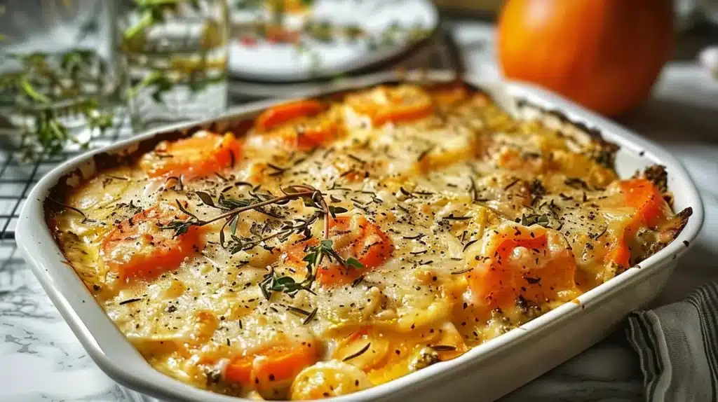 Cheesy garlic herb veggie bake dish fresh out of the oven
