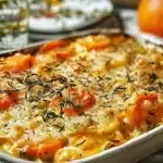 Cheesy garlic herb veggie bake dish fresh out of the oven