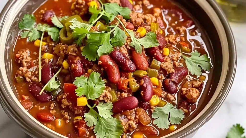 Bowl of Easy Crockpot Chili served with toppings