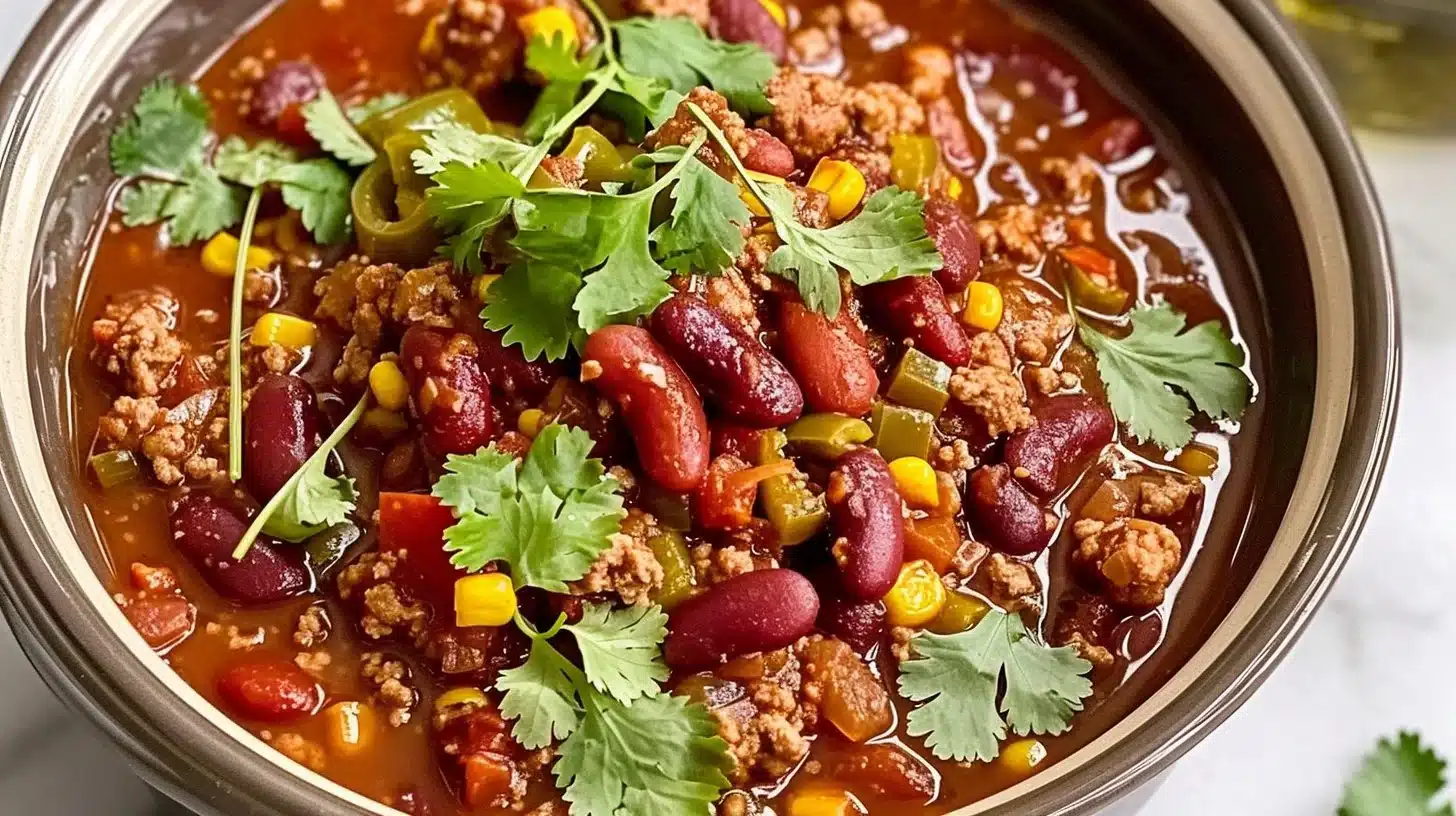 Bowl of Easy Crockpot Chili served with toppings