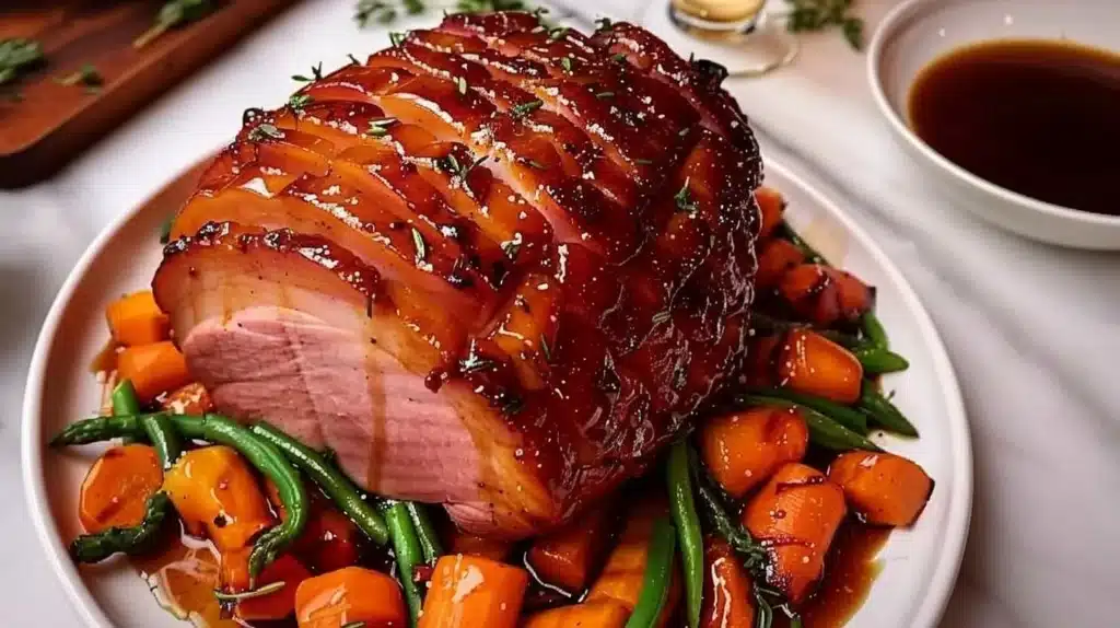 Delicious honey glazed ham served with fresh vegetables on a platter