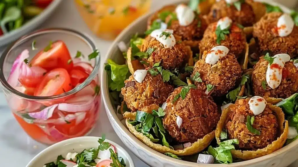Colorful mini falafel salad cups filled with fresh veggies and sauce