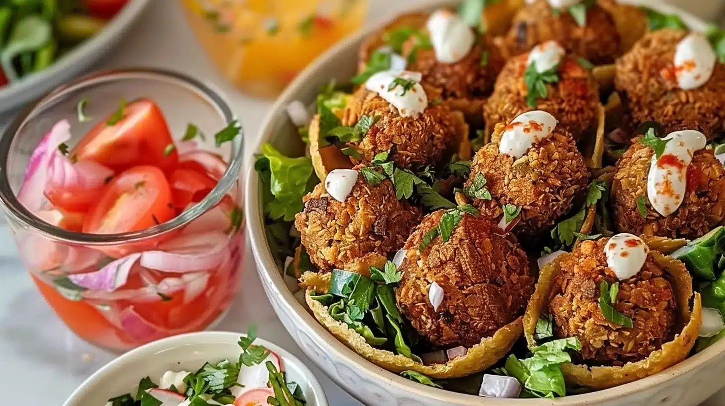 Colorful mini falafel salad cups filled with fresh veggies and sauce