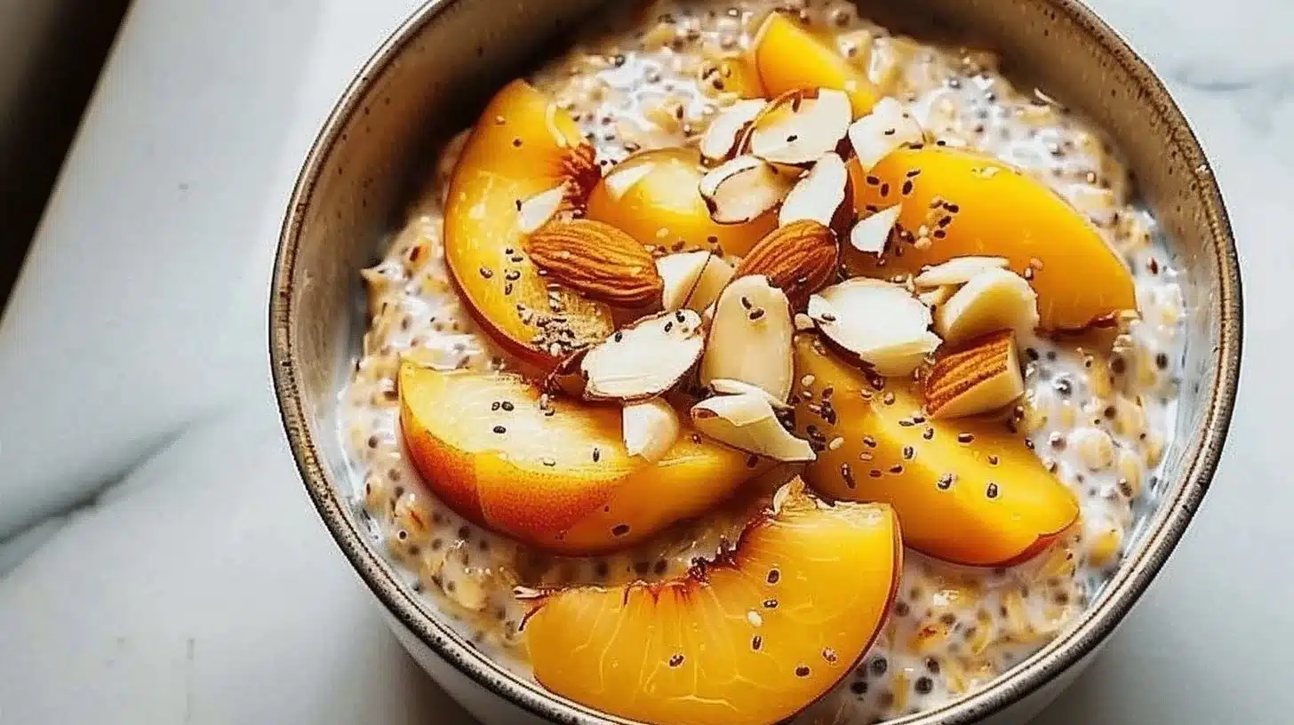 Bowl of creamy Peach Almond Chia Oats topped with fresh peaches and almonds