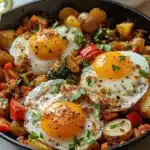 Colorful veggie egg skillet with potatoes, bell peppers, and healthy toppings