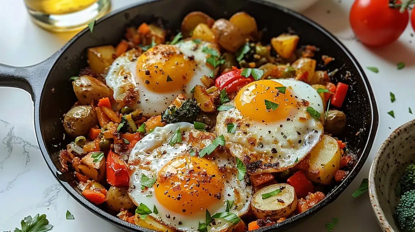 Colorful veggie egg skillet with potatoes, bell peppers, and healthy toppings