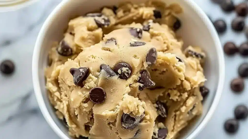 Edible chocolate chip cookie dough for one served in a bowl with chocolate chips