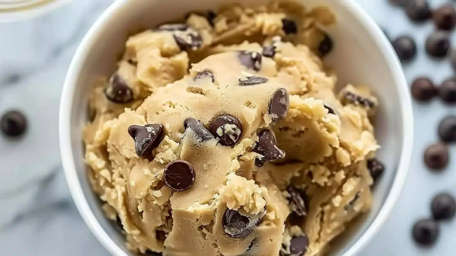 Edible chocolate chip cookie dough for one served in a bowl with chocolate chips