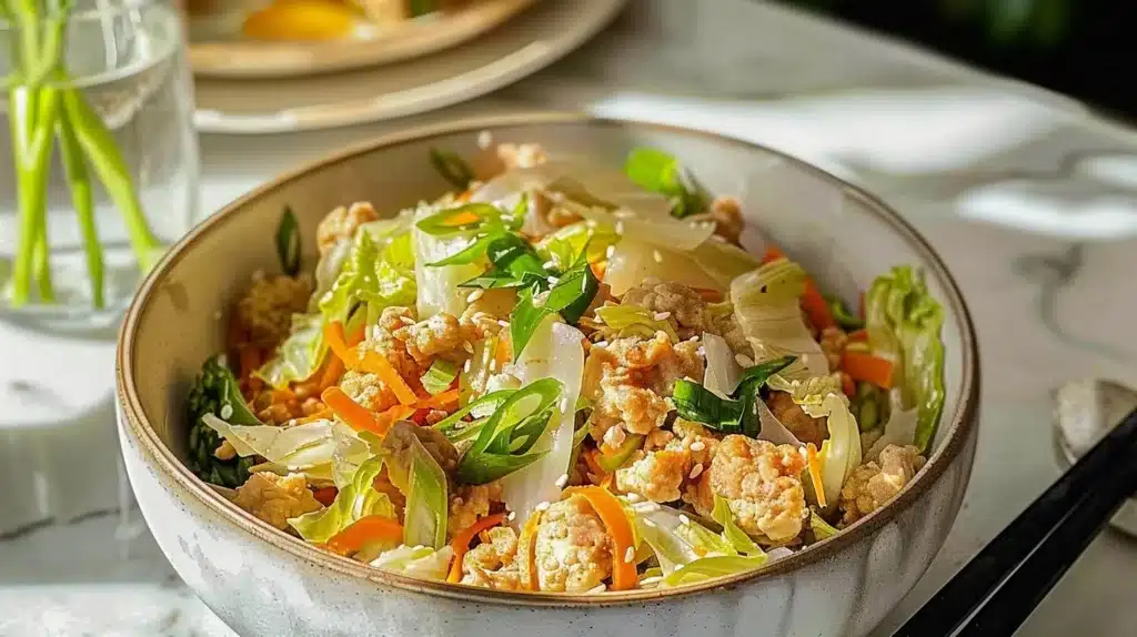 Delicious egg roll in a bowl with colorful veggies and savory sauce