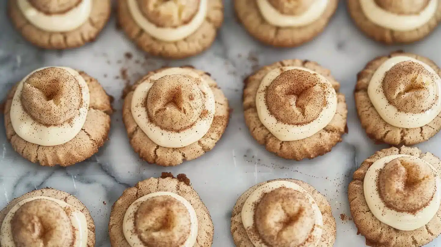 Plate of Eggnog Snickerdoodle Thumbprint Cookies with festive decorations