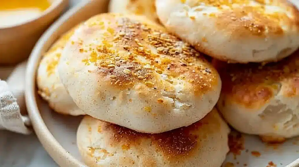 Freshly baked English muffins stacked on a wooden table.