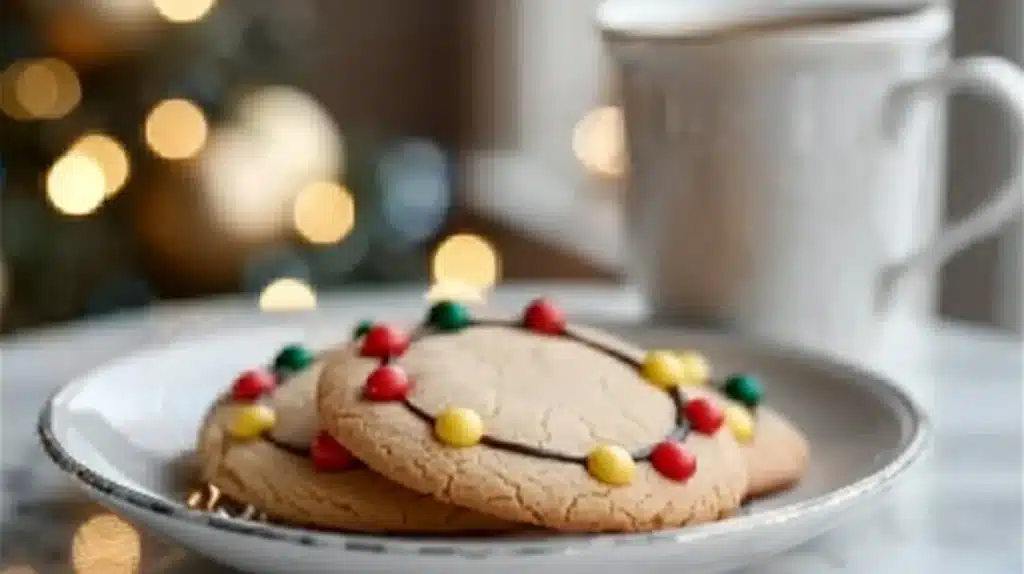 A plate of colorful festive sugar cookies decorated with icing and sprinkles.