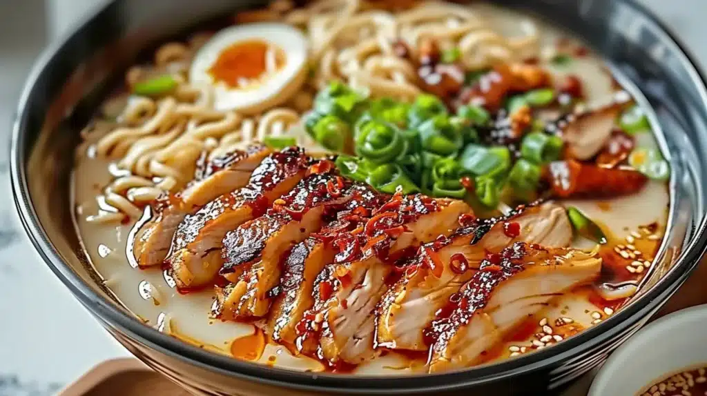 Fiery Chicken Ramen with vibrant broth and tender chicken pieces