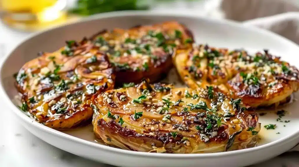 Oven-baked Garlic Parmesan Cabbage Steaks garnished with herbs