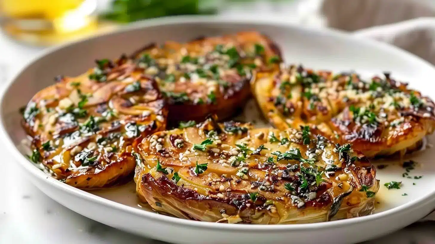 Oven-baked Garlic Parmesan Cabbage Steaks garnished with herbs