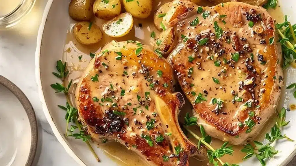 Juicy Garlic Parmesan Pork Chops served with herbs and spices