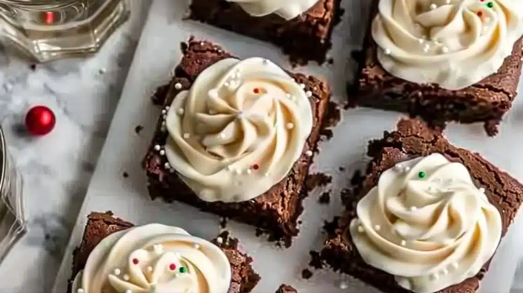 Delicious gingerbread brownies topped with creamy eggnog buttercream frosting