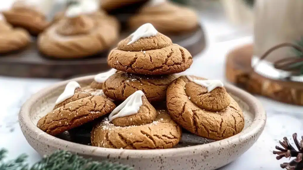 Delicious gingerbread cookies with Hershey's Hug chocolate on top.