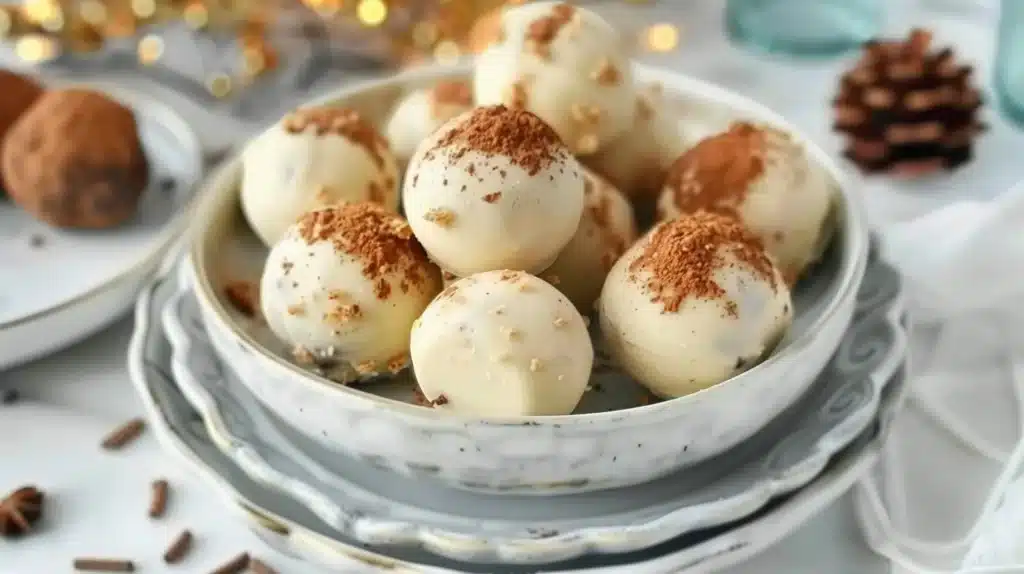 Gingerbread White Chocolate Truffles dessert on a festive plate