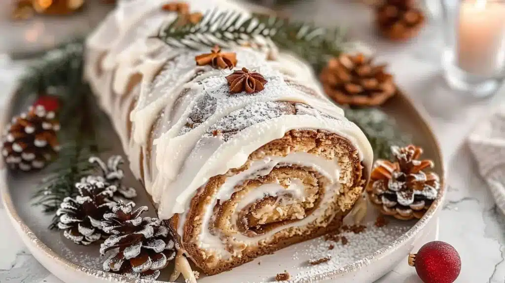 Delicious Gingerbread Yule Log decorated for the holidays