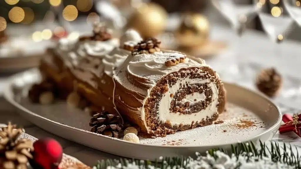 Gingerbread Yule Log Cake decorated with festive edible ornaments