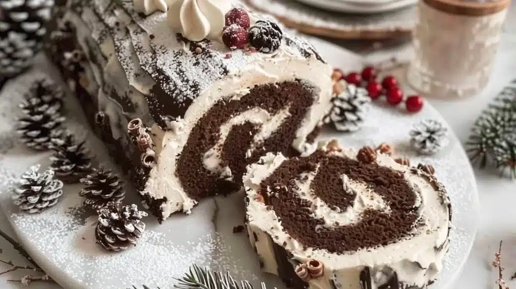 A beautifully decorated Gluten-Free Yule Log Cake on a festive table