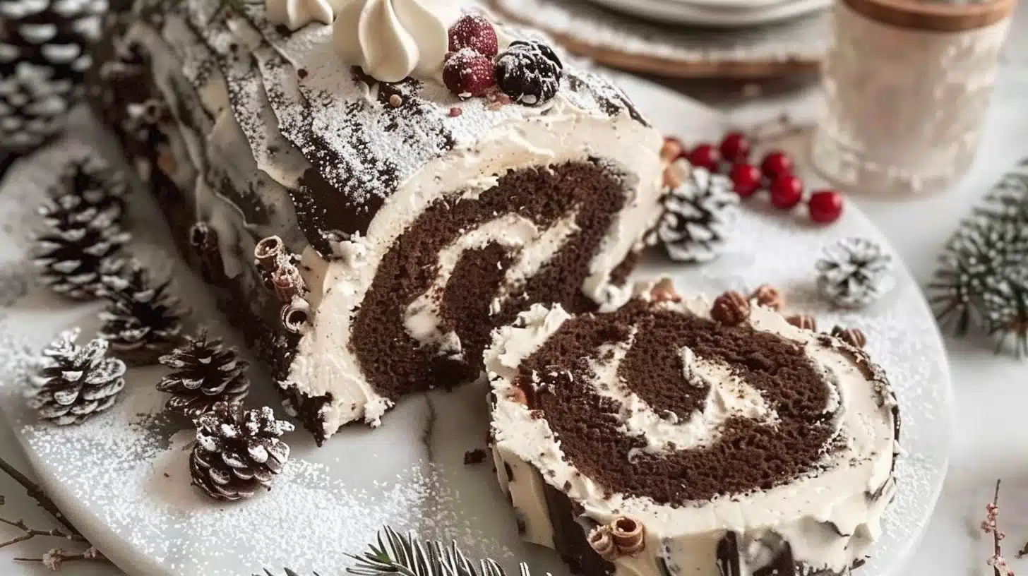 A beautifully decorated Gluten-Free Yule Log Cake on a festive table