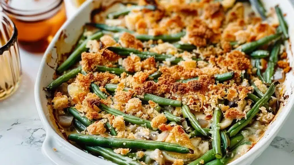 Delicious green bean casserole topped with crispy onions and soy sauce