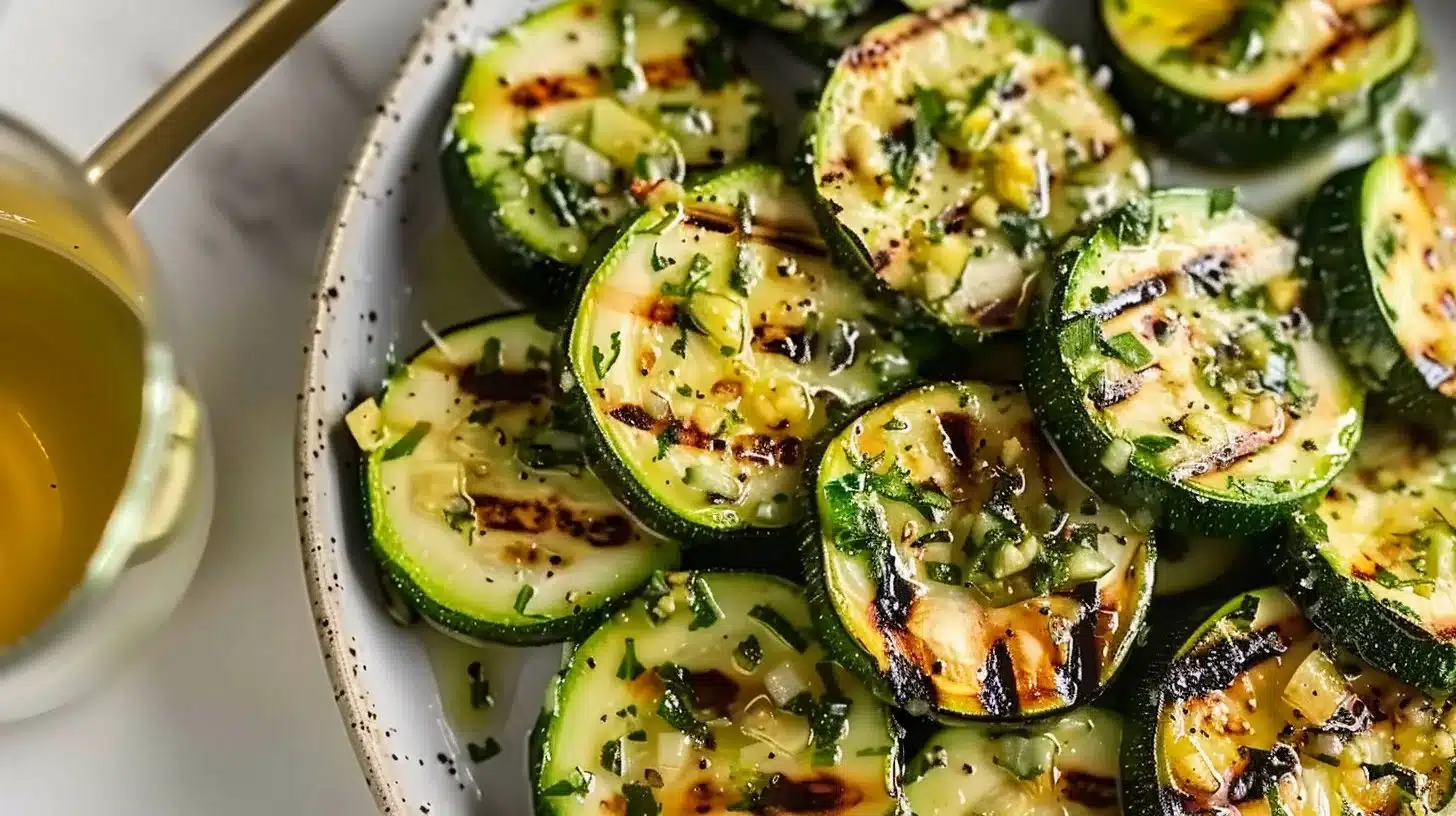 Grilled garlic butter zucchini garnished and ready to serve