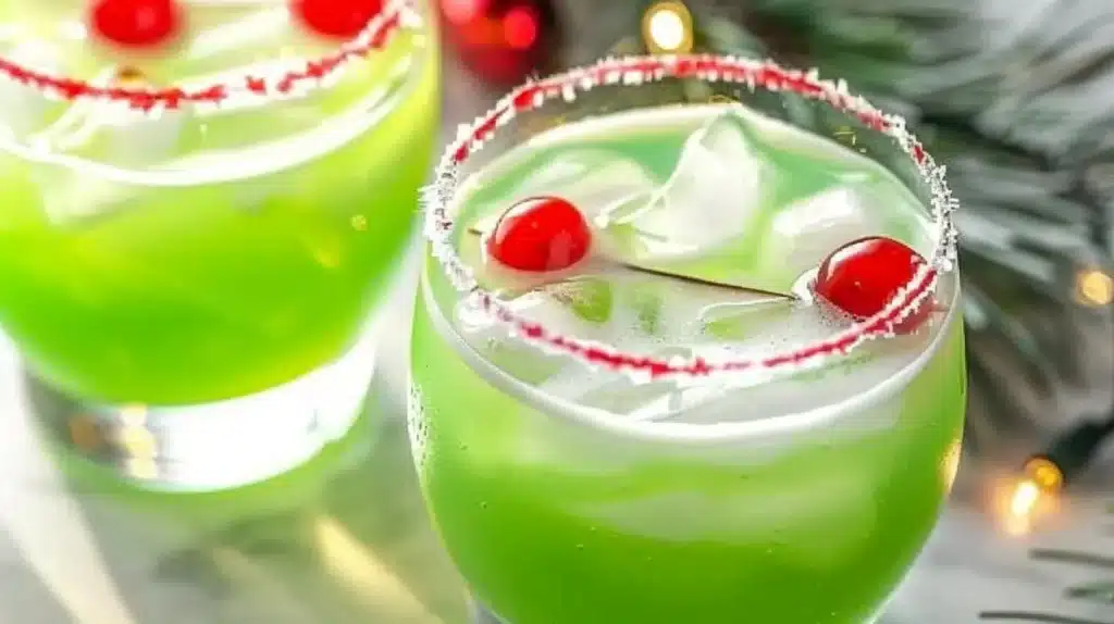 Festive Grinch Christmas Punch served in a holiday-themed glass.